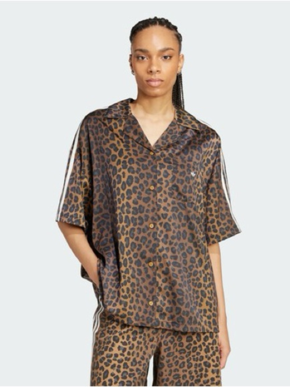 adidas Originals Brown Leopard-Print satin Button Down Shirt with White Stripes